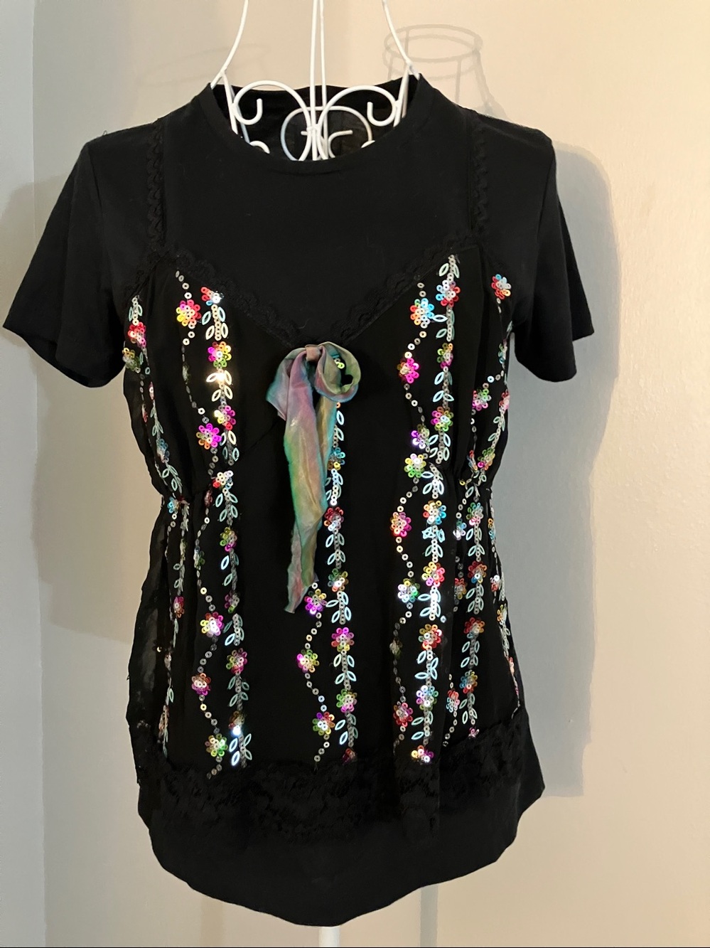Anna Sui Floral Fantasy Short-Sleeve Tee with Sequin cami overlay Sz M